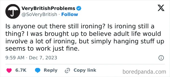 Tweet humorously questioning if ironing is still a British problem, suggesting hanging clothes instead.