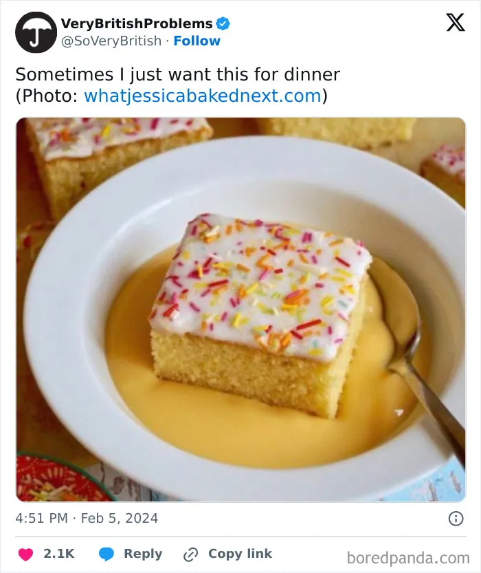 British problem: a plate with colorful sprinkle cake on custard.