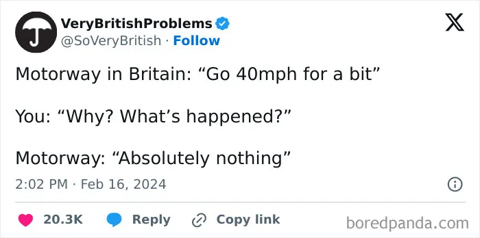Text from VeryBritishProblems Twitter account about typical British motorway speed limits.