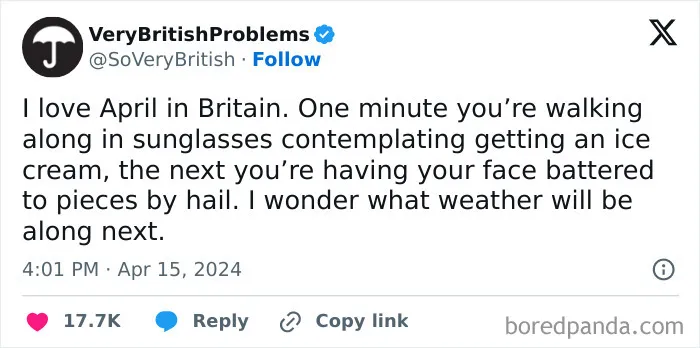 Tweet describes typical British weather problems with humor: from sunny to hail.