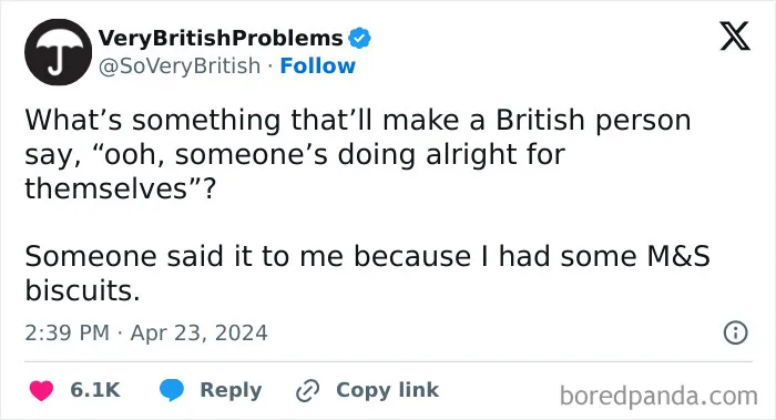 Tweet joking about British problems, with a comment on M&S biscuits reflecting British culture humor.