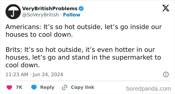 Text from VeryBritishProblems about Brits going to supermarkets to cool down.