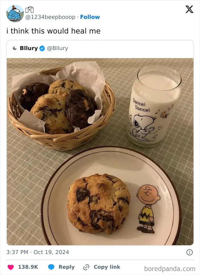 Cookies, milk, and Charlie Brown plate from Conxfession IG page tweet.