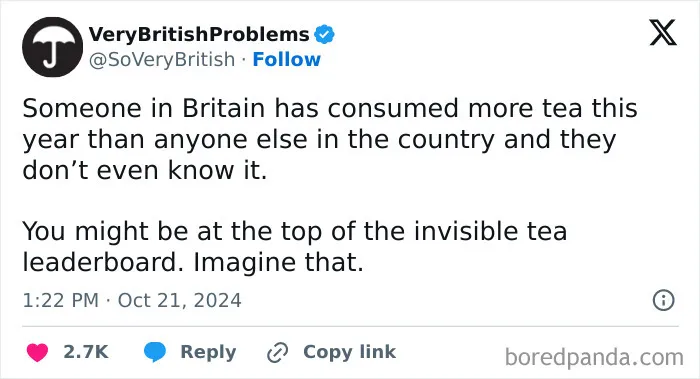British humor tweet about tea consumption leaderboard anonymity.
