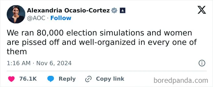 Tweet by a public figure discussing election simulations and women's reactions, highlighting an important issue.