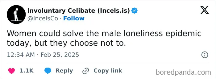 Tweet claiming women could end male loneliness epidemic, implying choice not to; evokes frustration.
