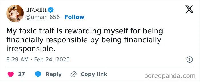 Tweet meme about financial responsibility, humorously addressing personal finance habits.
