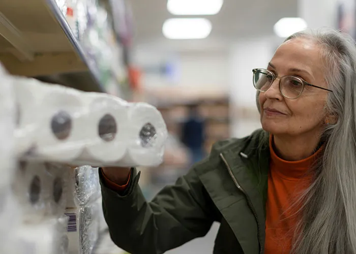 Woman browsing toilet paper in store aisle, highlighting unserious reasons for brand boycott.
