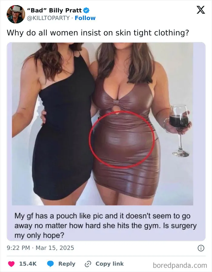 Two women in tight dresses, one in brown holding a wine glass, with a humorous social media post discussing fashion choices.