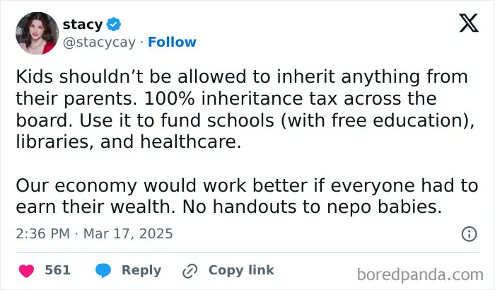 Tweet proposing 100% inheritance tax to improve economy by avoiding wealth handouts to "nepo babies."