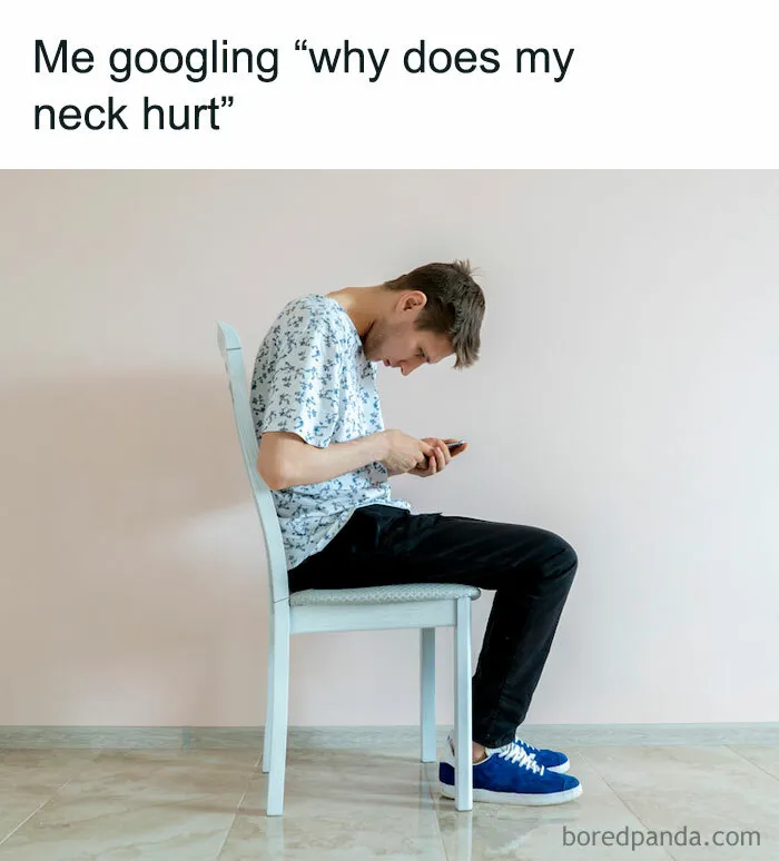 Young man hunched over phone, exemplifying hilarious meme humor about neck pain from tech use.