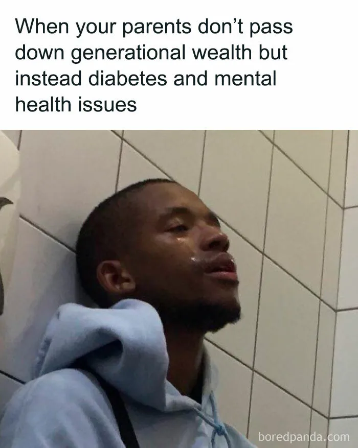 A person in a hoodie looking exhausted, capturing the humor of unexpected generational issues.