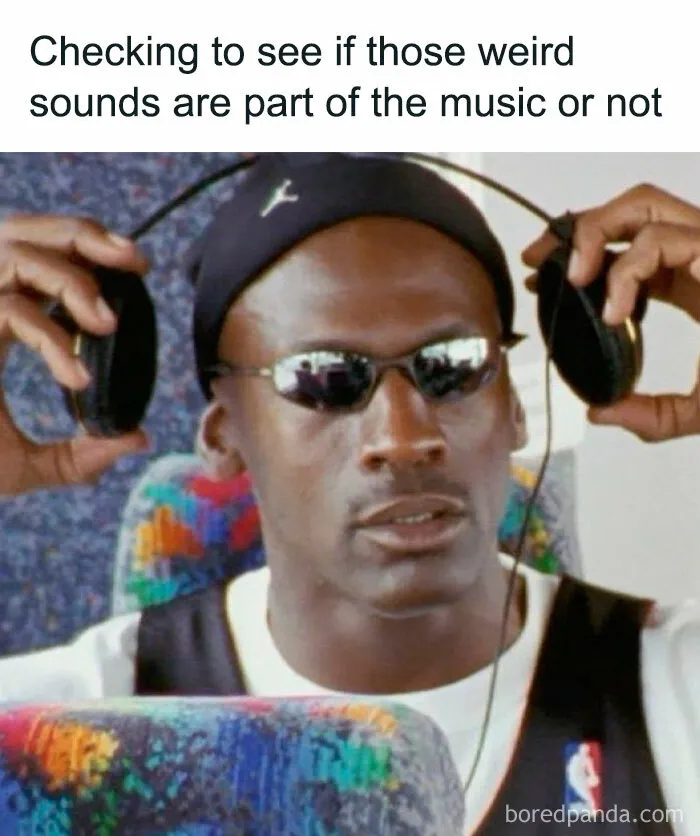 A man wearing headphones and sunglasses with a puzzled expression; meme text about weird sounds in music.