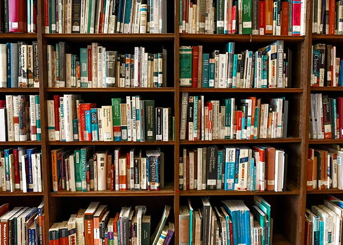 Books neatly arranged on wooden shelves, reflecting things Gen X misses from life without social media.