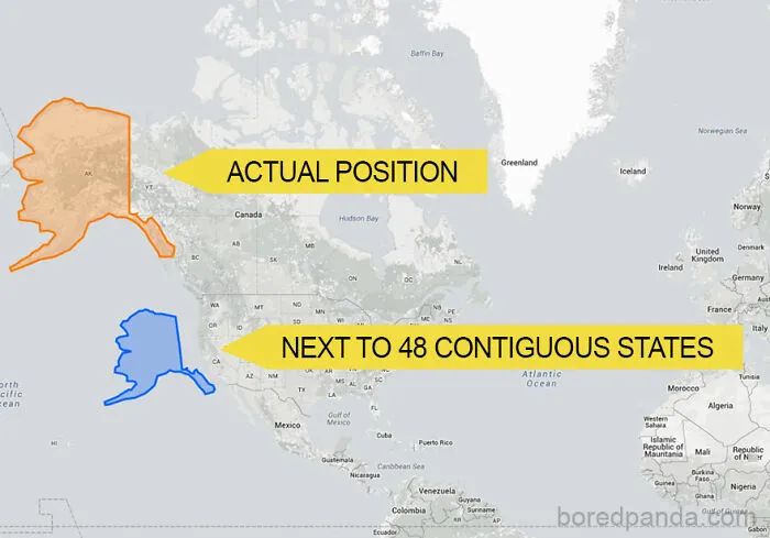 Map of Alaska's size compared in actual position versus next to the contiguous U.S. states.