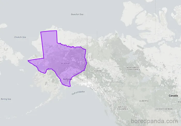 Map showing Texas overlaid on Alaska, illustrating how countries differ in perceived size.