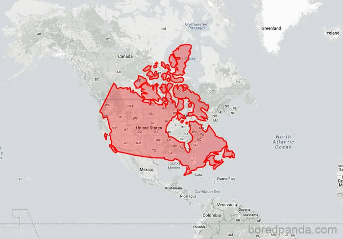 Canada Moved Down Onto The Us Reveals That Both Countries Are Pretty Much The Same Size