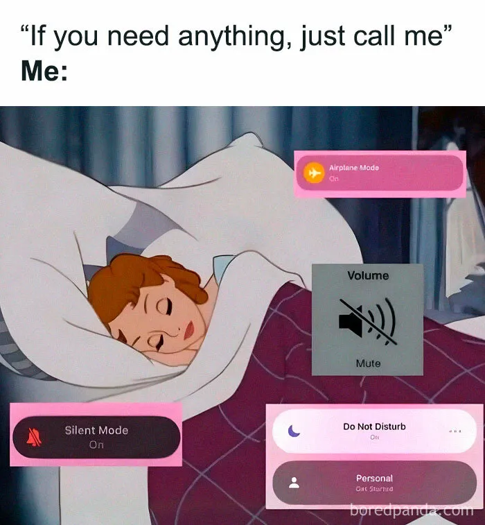 Sleeping woman surrounded by silent mode and airplane mode icons, part of random memes collection.