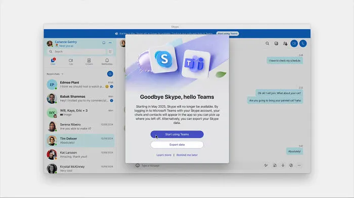 Skype interface showing a notification about its gradual transition to Microsoft Teams, highlighting disappearing communication apps.