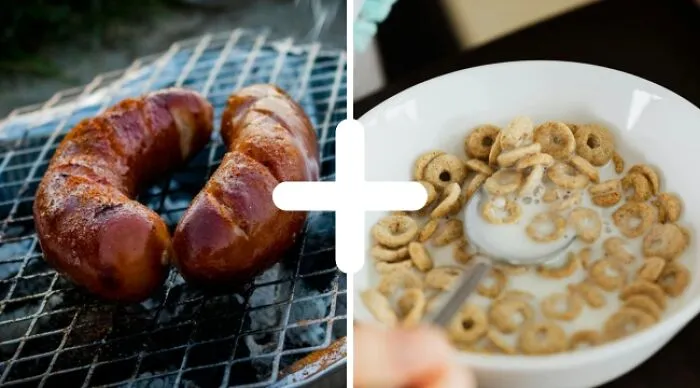 Weird food combos: Grilled sausage and cereal with milk, placed side-by-side with a plus sign in between.