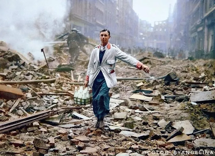 A Milkman Continues His Duties Following A German Bombing Raid In London, 1940. Original Photo By Fred Morley