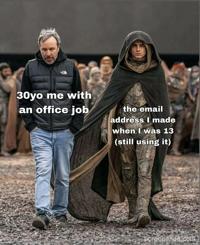 Two men walk; text over image humorously contrasts adulthood with keeping a childhood email, fitting the daily humor memes theme.