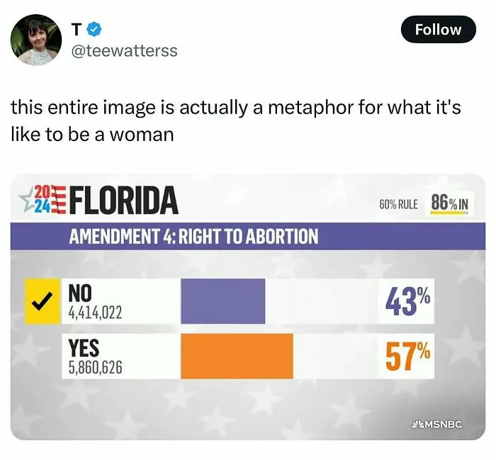 Chart illustrating Florida's Amendment 4 vote on right to abortion, with "No" at 43% and "Yes" at 57%, highlighting discrepancy.