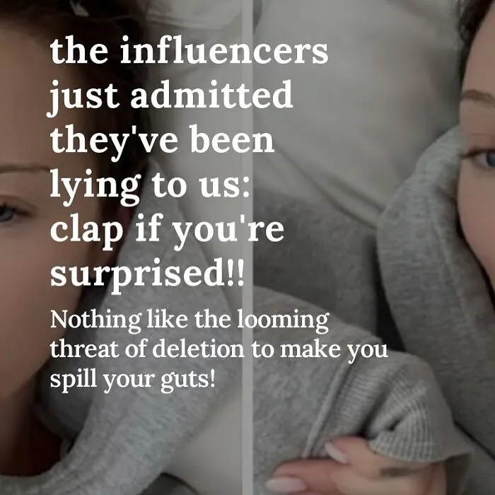 Text overlay on an image hints at influencers' honesty, with a person partially visible in the background.