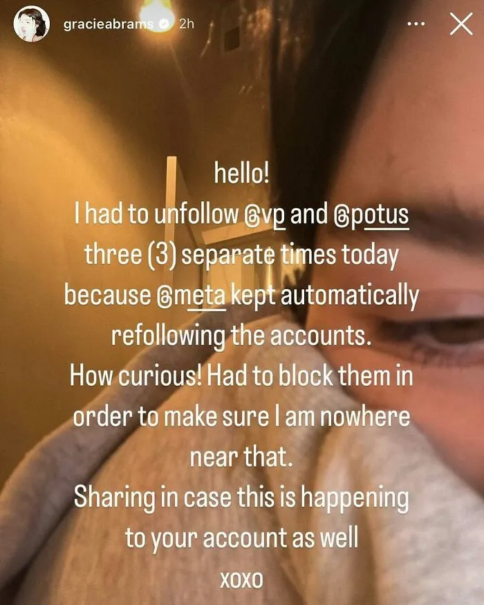 Person sharing a story about having to repeatedly unfollow accounts due to automatic refollowing by Meta.