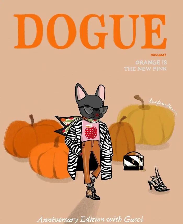 Fashionable dog illustration on Dogue cover, featuring stylish outfit and accessories with pumpkins.