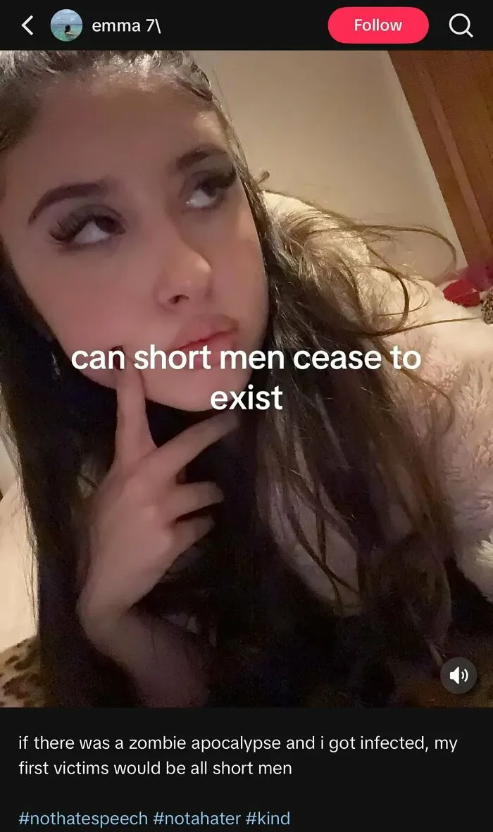 Woman pondering with text overlay: "can short men cease to exist," reflecting strong opinions.