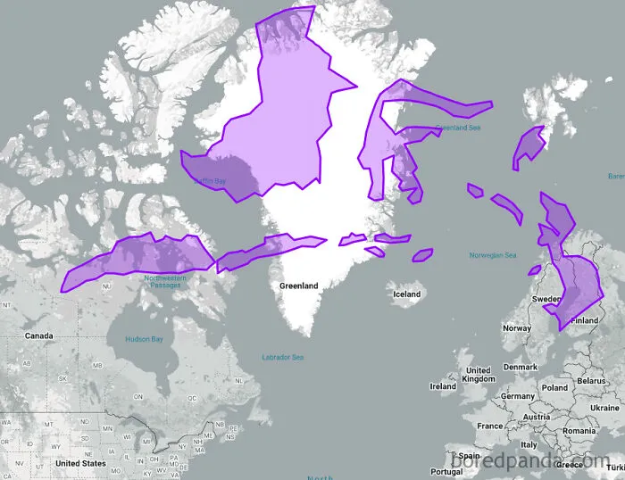 Map showing distorted country sizes overlayed on Greenland, illustrating the true size of countries.