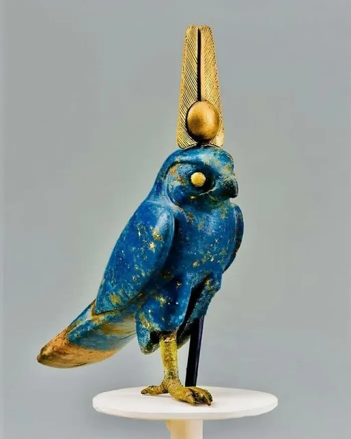 Check Out This Awesome Falcon Sculpture That Shows Off The God Horus! It’s From Way Back In The 27th Dynasty, Around 525-404 Bc. This Piece Is Mainly Made From Lapis Lazuli And Gold, Plus It Has A Copper Leg And A Fancy Gilt Copper Headdress