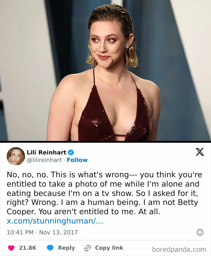 In A Now-Deleted Tweet Lili Reinhart Wrote, "To The Two Girls Who Are Repeatedly Photographing Me As I'm Eating My Lunch... I See You. You Aren't Slick… That's F***ing Rude?"