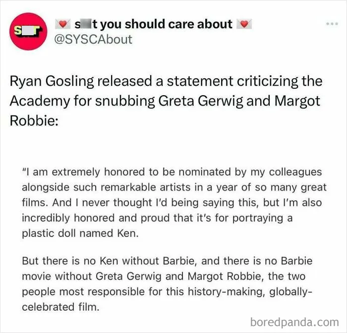 Ryan Gosling comments on the Academy snubbing Greta Gerwig and Margot Robbie, emphasizing their importance in film.