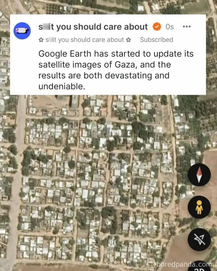 Satellite view of Gaza with text about Google Earth updates, highlighting devastating results.
