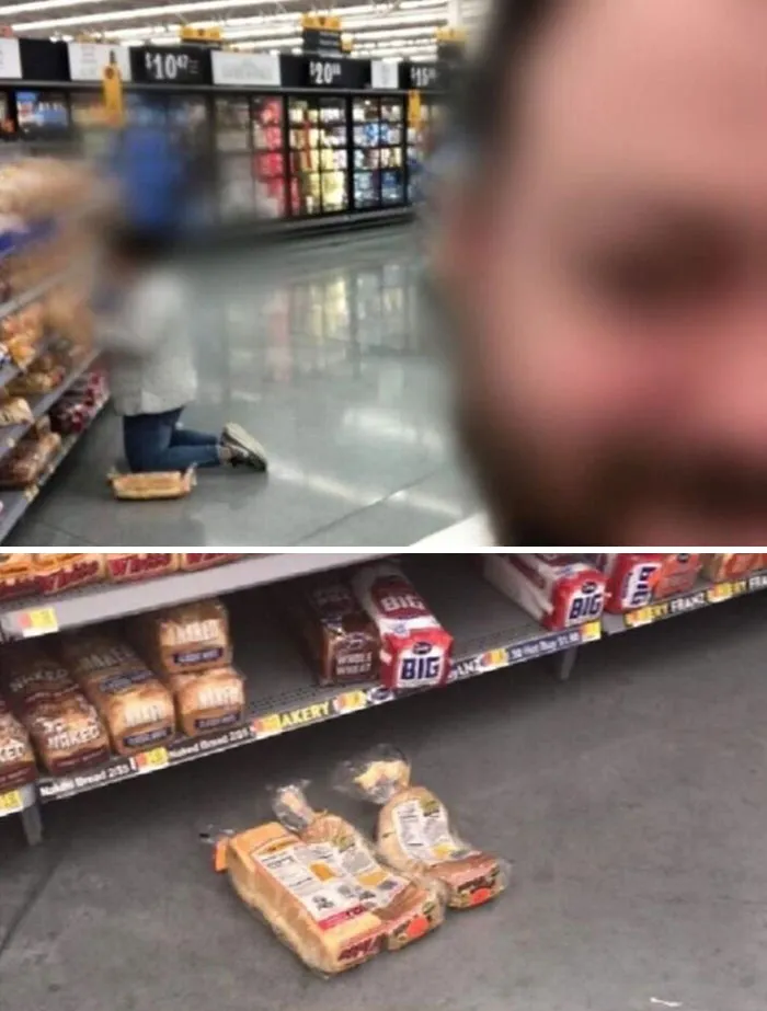 Esta señora usa pan como rodilleras para poder mirar otros panes