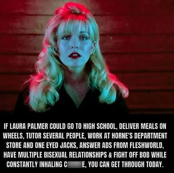 Blond woman with red and blue lighting, text about enduring challenges, highlighting mental health resilience.