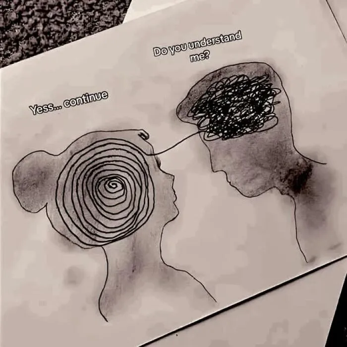Sketch of two people connecting through tangled lines, illustrating a mental health meme.