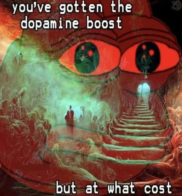 Surreal meme art on mental health showing dopamine boost effects.