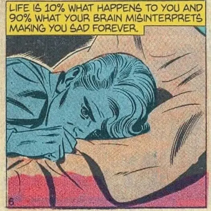 Comic illustration of a person looking sad, with a caption about mental health and perception.