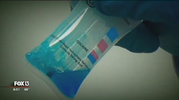 Gloved hand holding a cocaine test kit, as shown on FOX 13 news.