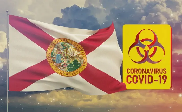 Florida flag and biohazard sign highlight wild 'Florida Man' narratives amid COVID-19 backdrop.