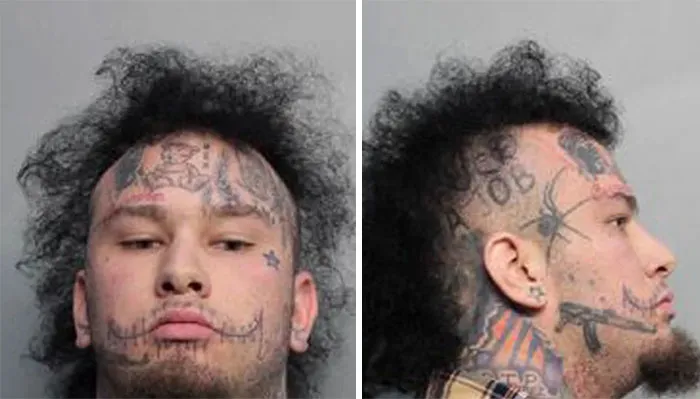 Man with facial tattoos in police mugshots, representing crazy Florida man stories.