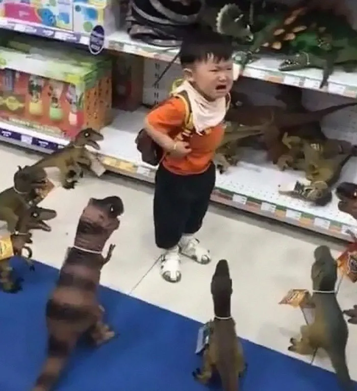 Niño llorando rodeado de dinosaurios de juguete en una tienda, una imagen rara y absurda.