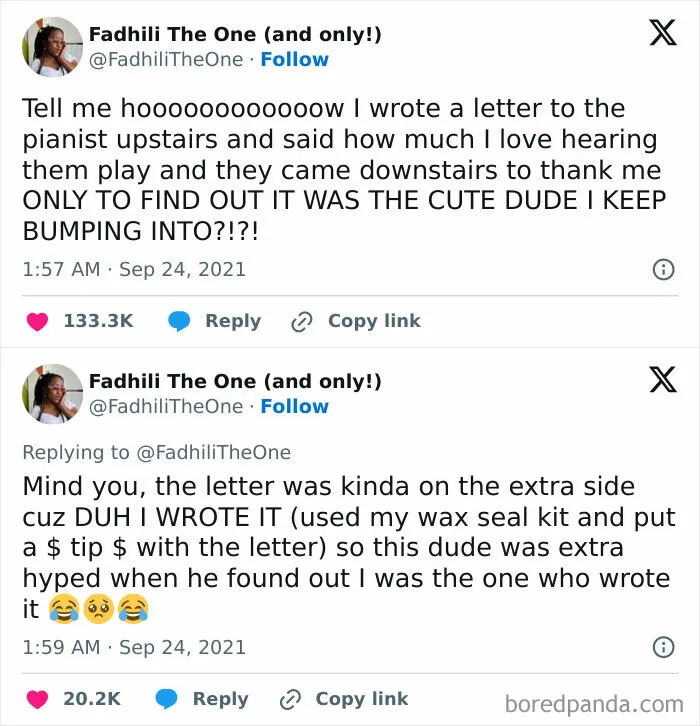 Funny and relatable tweet from "Conxfession" IG page about a letter to an upstairs pianist who turns out to be a cute neighbor.