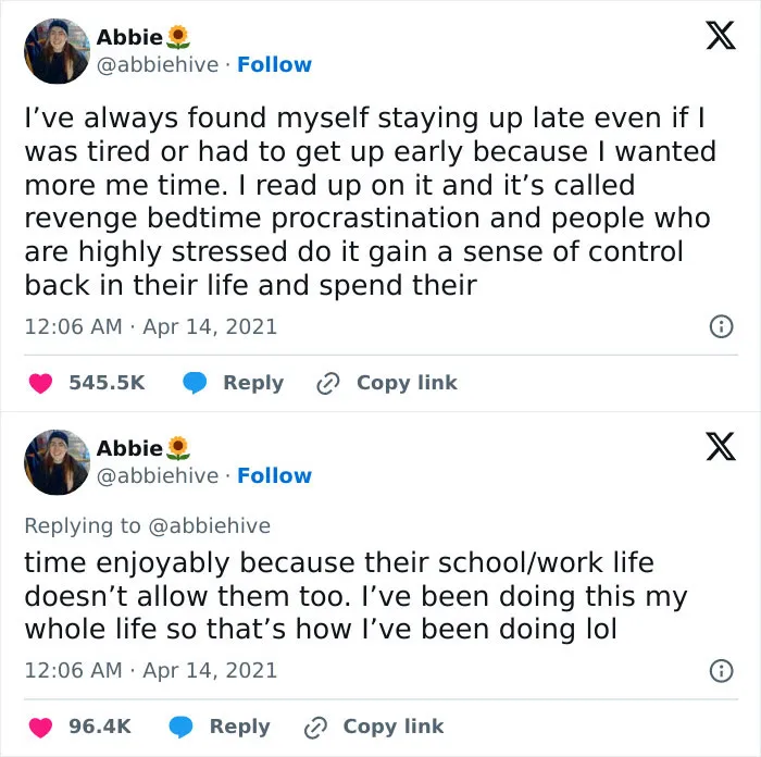 Tweet about revenge bedtime procrastination, highlighting funny and relatable experiences shared on social media.