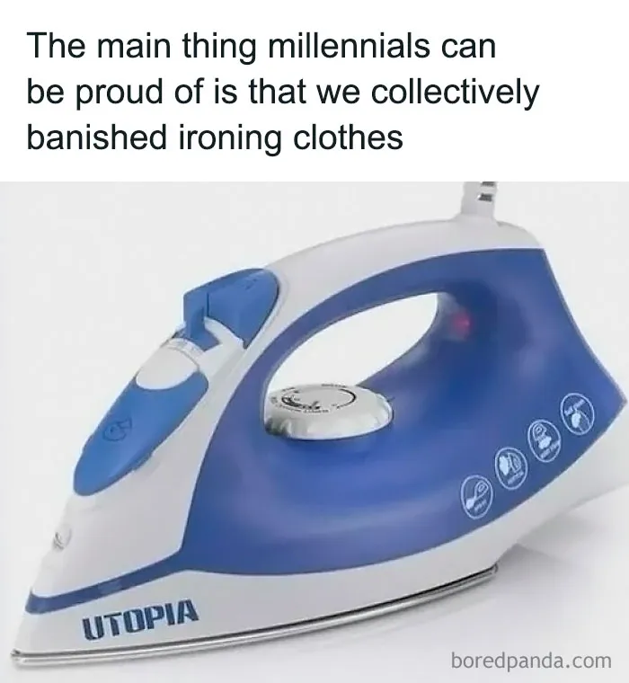 Iron with text about millennials banishing ironing, highlighting women's humor memes.