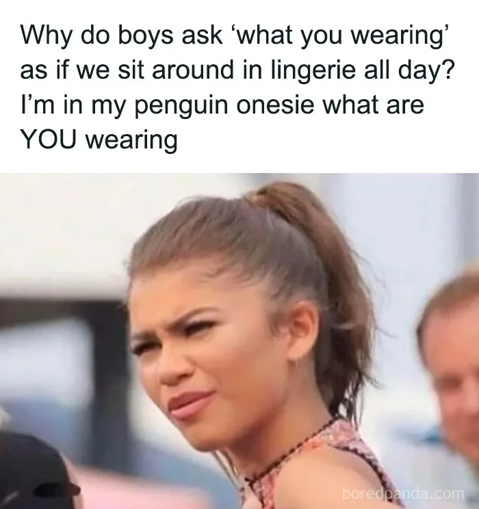 A woman making a puzzled face with text above about wearing a penguin onesie, part of funny women's humor memes.