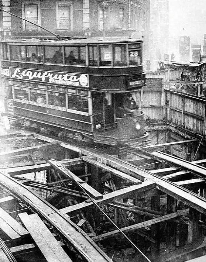 The Piccadilly Line On The London Underground Being Constructed Under The Tram Tracks In 1906